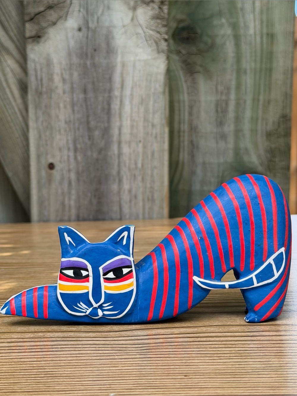 Wooden Hand Painted Vibrant Blue Red Cat Laurel Burch Style Folk Art Vintage 6”